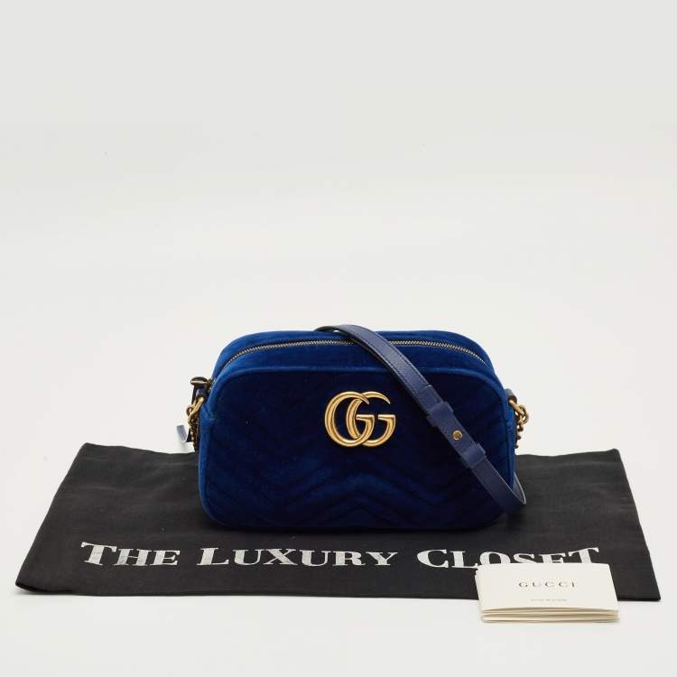 Pre Owned Gucci Blue Matelassé Velvet Small GG Marmont Camera Bag