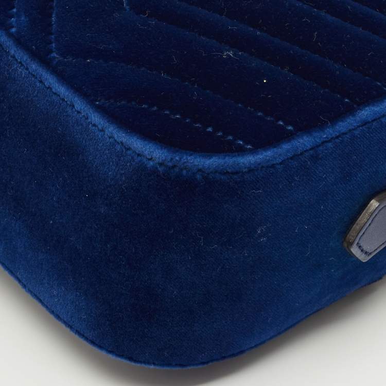 Pre Owned Gucci Blue Matelassé Velvet Small GG Marmont Camera Bag