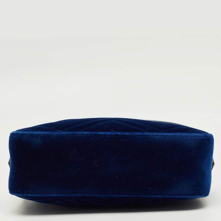 Pre Owned Gucci Blue Matelassé Velvet Small GG Marmont Camera Bag