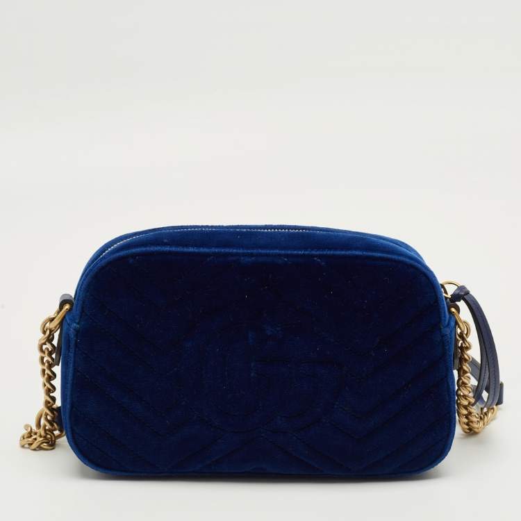 Pre Owned Gucci Blue Matelassé Velvet Small GG Marmont Camera Bag