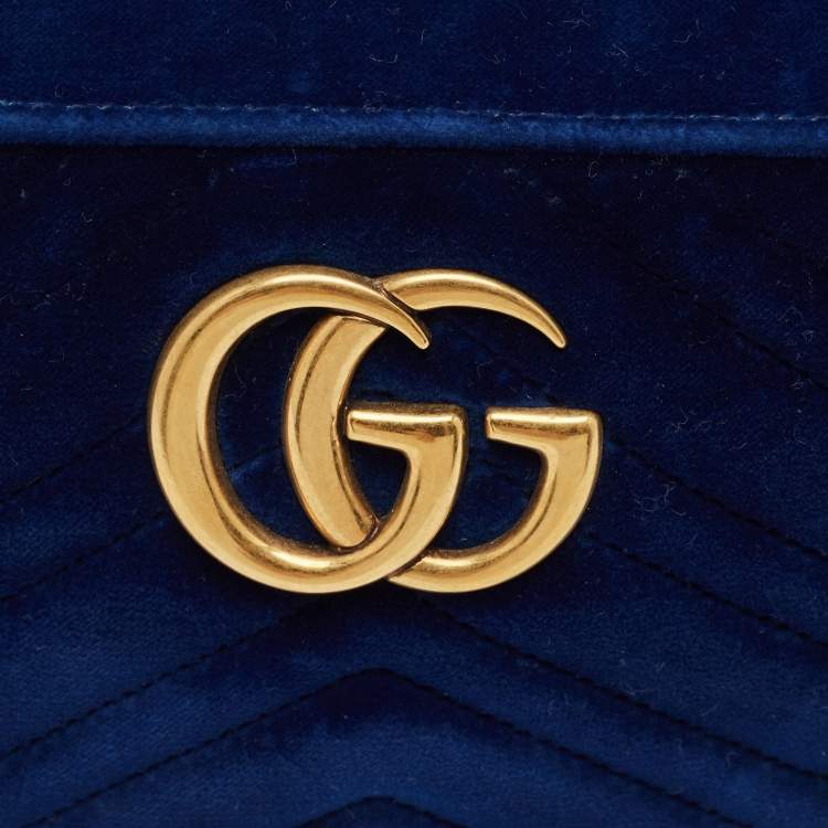Pre Owned Gucci Blue Matelassé Velvet Small GG Marmont Camera Bag