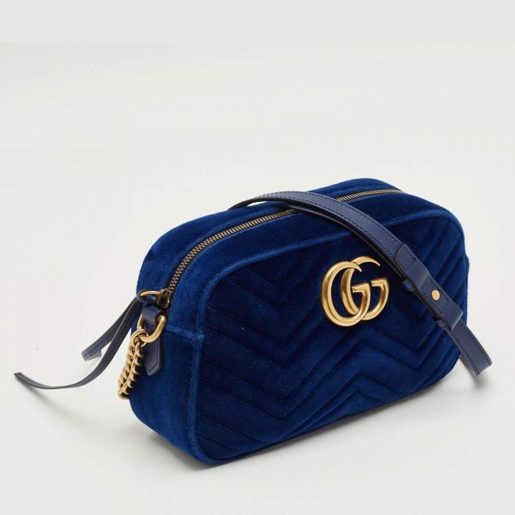 Pre Owned Gucci Blue Matelassé Velvet Small GG Marmont Camera Bag