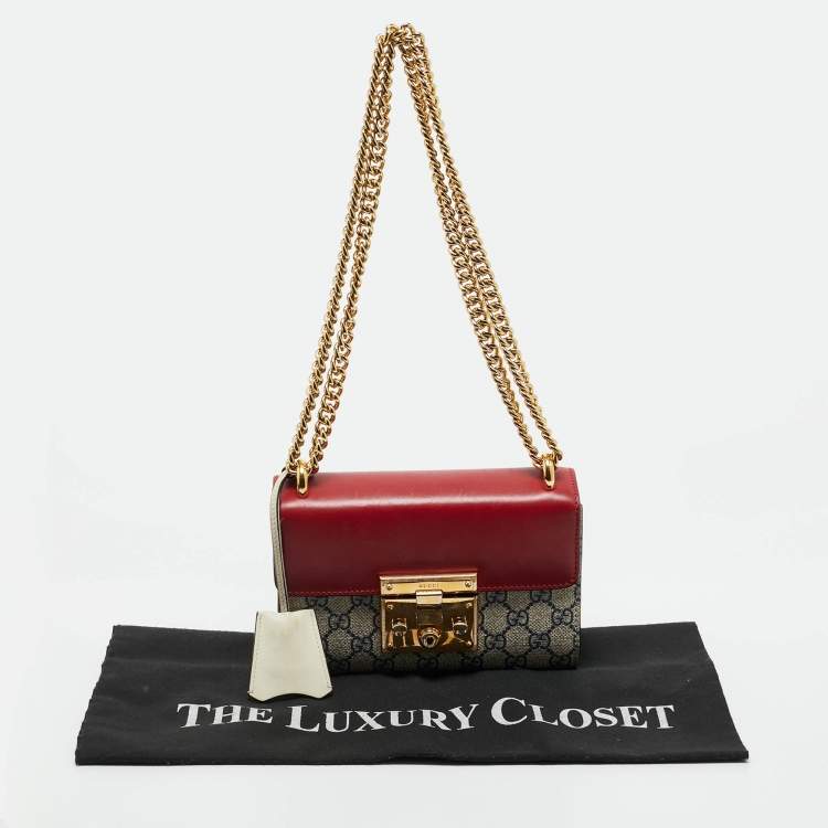 Pre Owned Gucci Red/Beige GG Supreme Canvas and Leather Small Padlock Shoulder Bag
