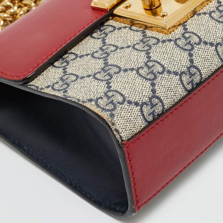 Pre Owned Gucci Red/Beige GG Supreme Canvas and Leather Small Padlock Shoulder Bag