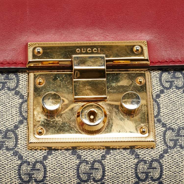 Pre Owned Gucci Red/Beige GG Supreme Canvas and Leather Small Padlock Shoulder Bag