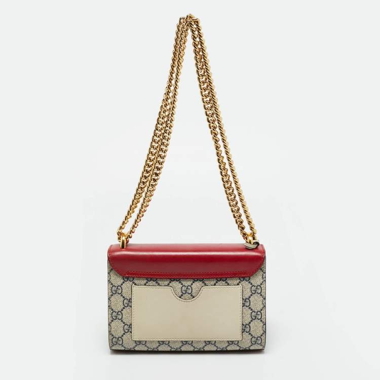 Pre Owned Gucci Red/Beige GG Supreme Canvas and Leather Small Padlock Shoulder Bag