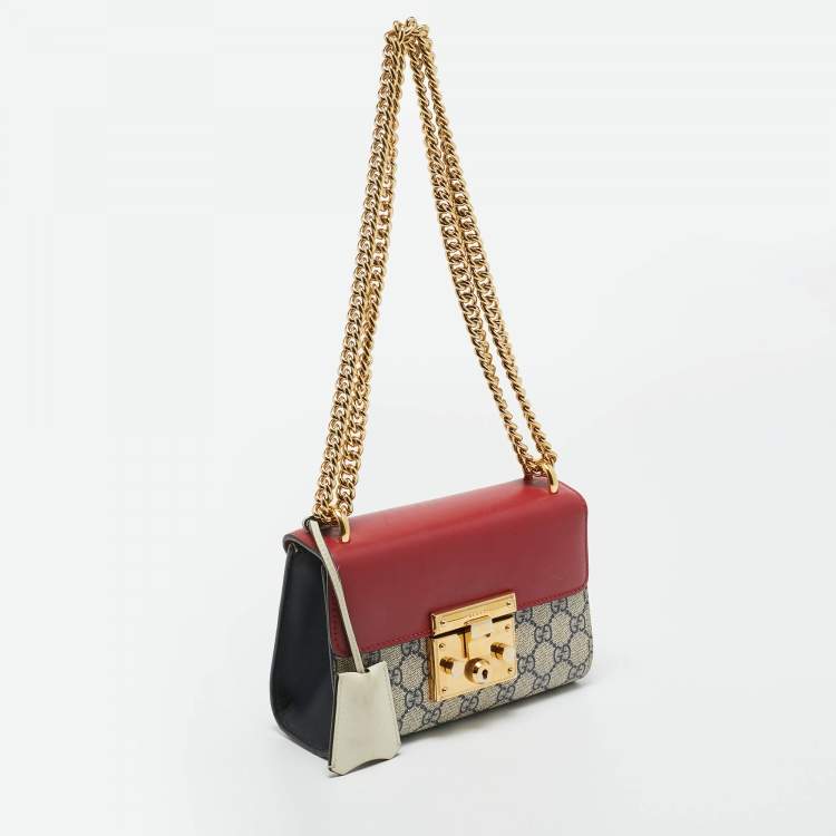 Pre Owned Gucci Red/Beige GG Supreme Canvas and Leather Small Padlock Shoulder Bag