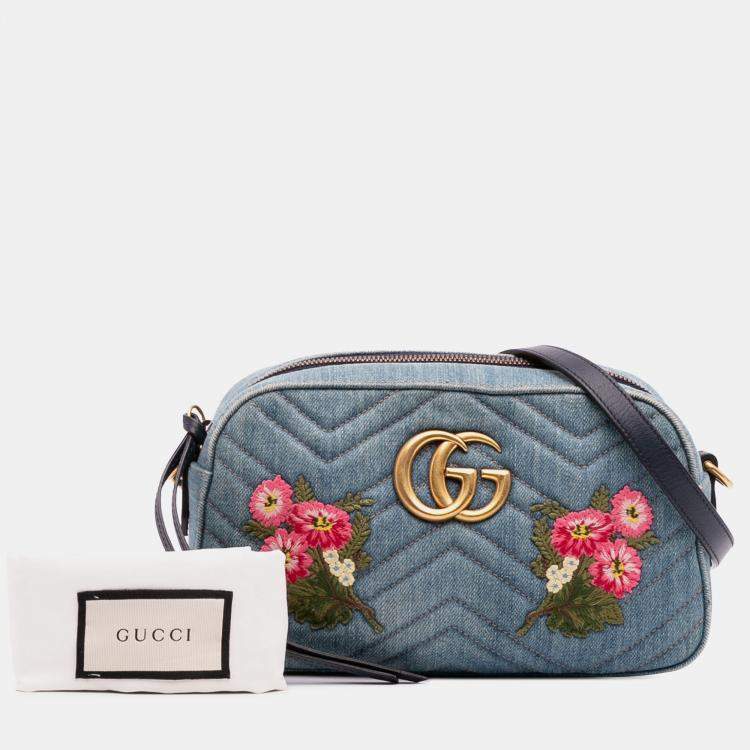 Pre Owned Gucci Blue Small GG Marmont Embroidered Matelasse Denim Crossbody