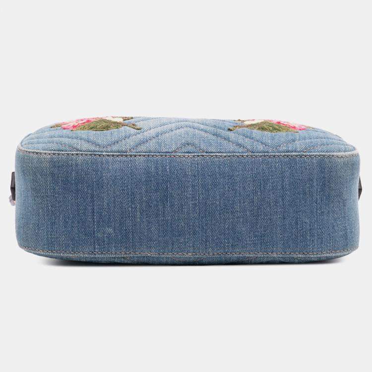 Pre Owned Gucci Blue Small GG Marmont Embroidered Matelasse Denim Crossbody