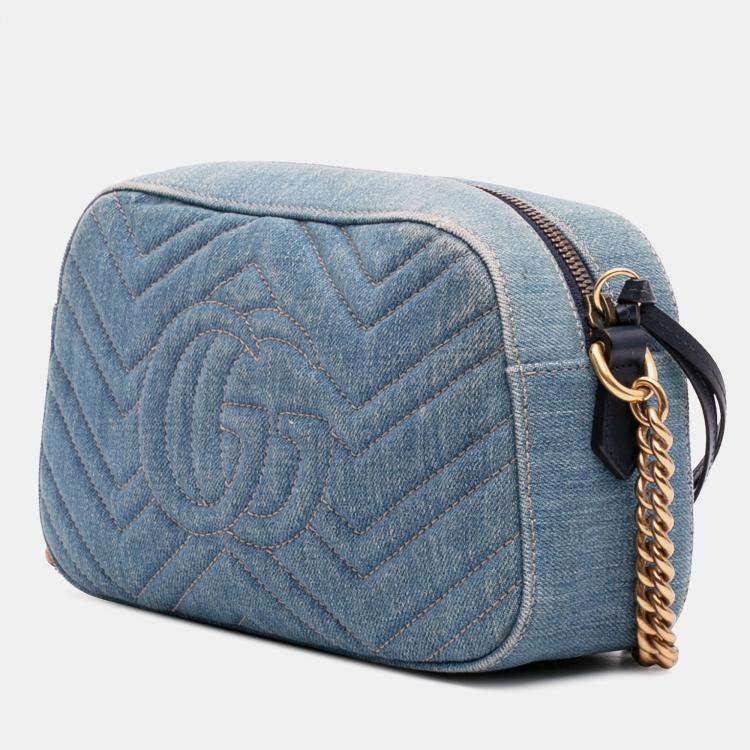 Pre Owned Gucci Blue Small GG Marmont Embroidered Matelasse Denim Crossbody