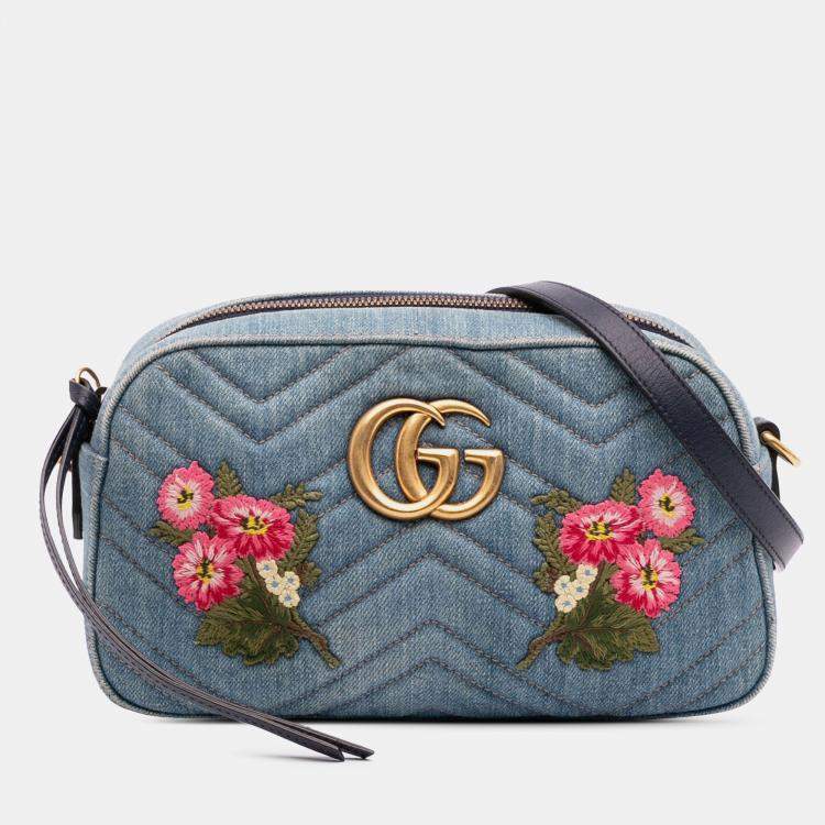 Pre Owned Gucci Blue Small GG Marmont Embroidered Matelasse Denim Crossbody