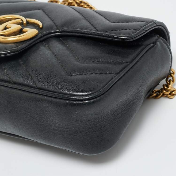 Pre Owned Gucci Black Matelassé Leather Super Mini GG Marmont Crossbody Bag