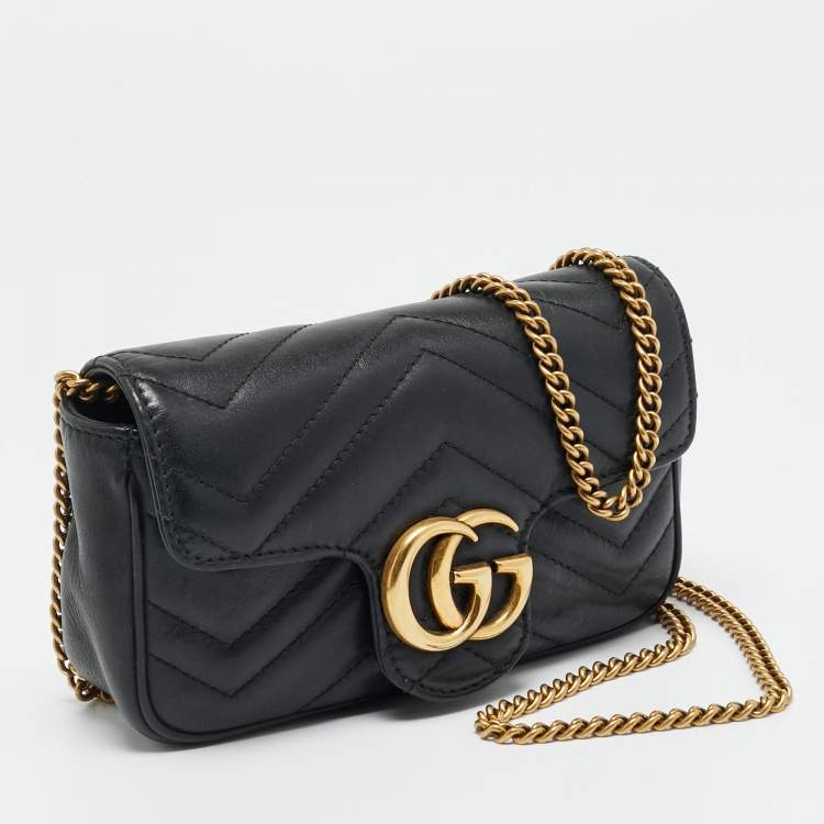 Pre Owned Gucci Black Matelassé Leather Super Mini GG Marmont Crossbody Bag