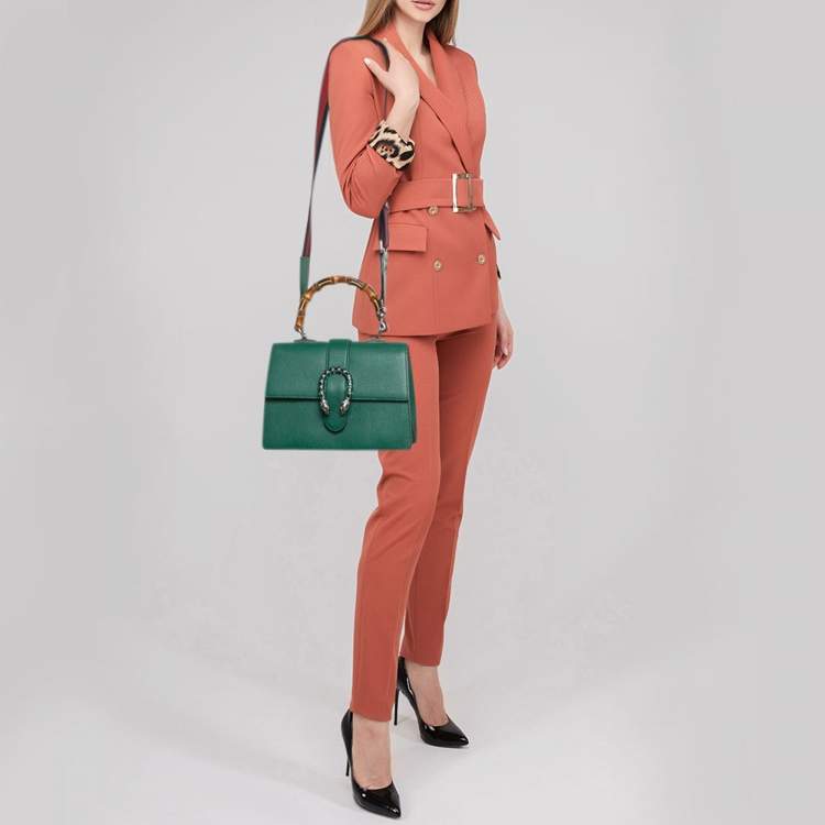 Pre Owned Gucci Green Leather Medium Dionysus Bamboo Top Handle Bag