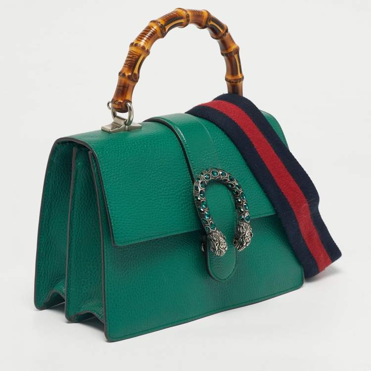 Pre Owned Gucci Green Leather Medium Dionysus Bamboo Top Handle Bag