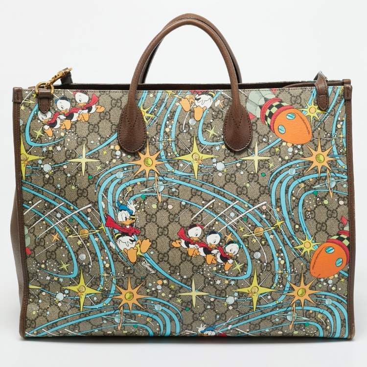 Pre Owned Gucci x Disney Multicolor Donald Duck GG Supreme Canvas and Leather Interlocking G Shopping Tote