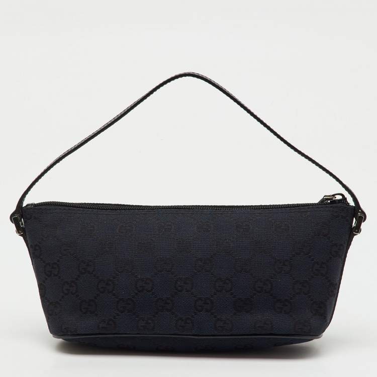Pre Owned Gucci Navy Blue/Black GG Canvas and Leather Boat Pochette Bag
