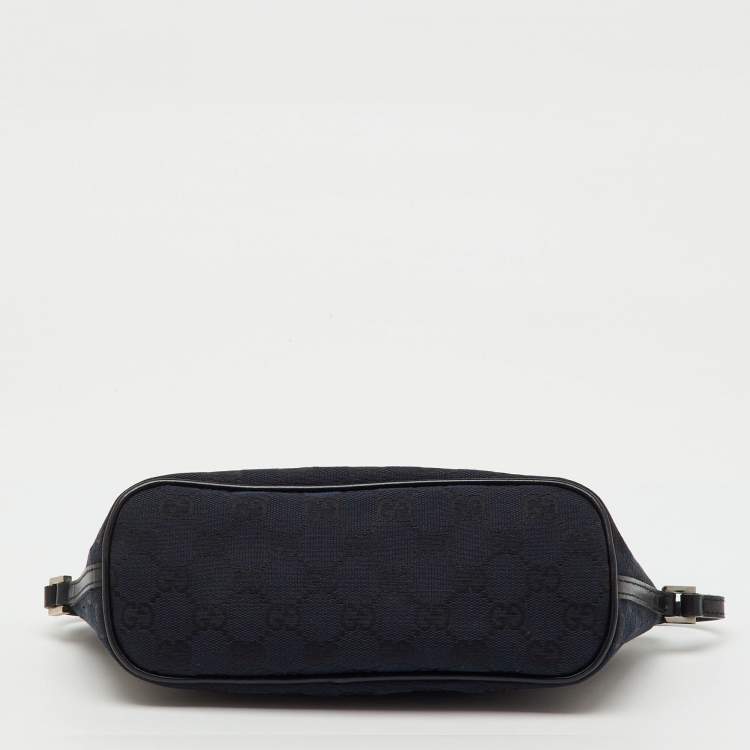 Pre Owned Gucci Navy Blue/Black GG Canvas and Leather Boat Pochette Bag