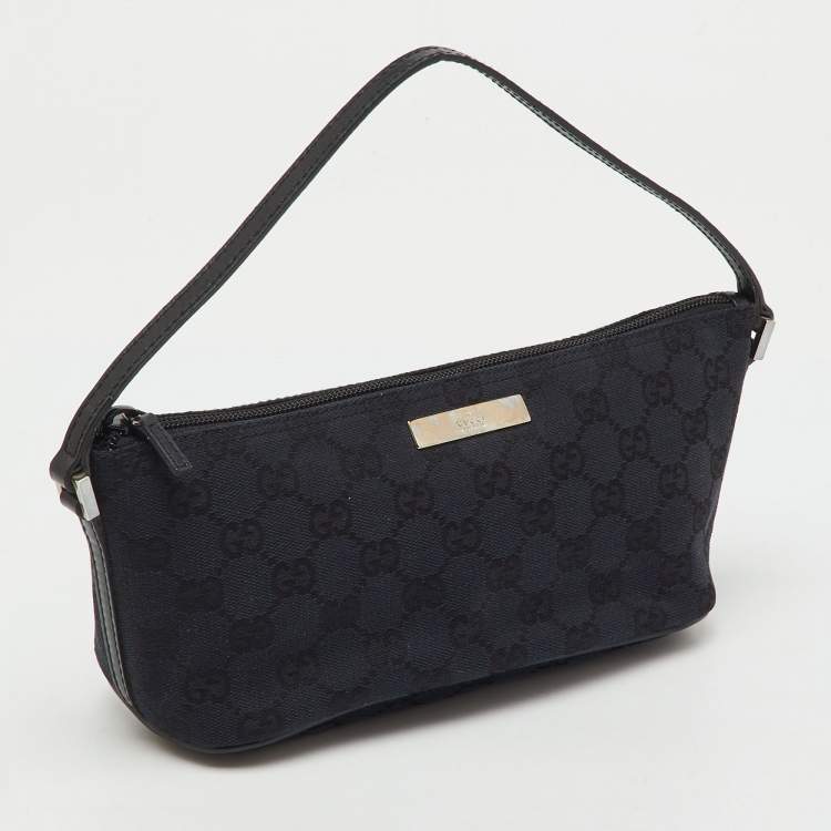 Pre Owned Gucci Navy Blue/Black GG Canvas and Leather Boat Pochette Bag