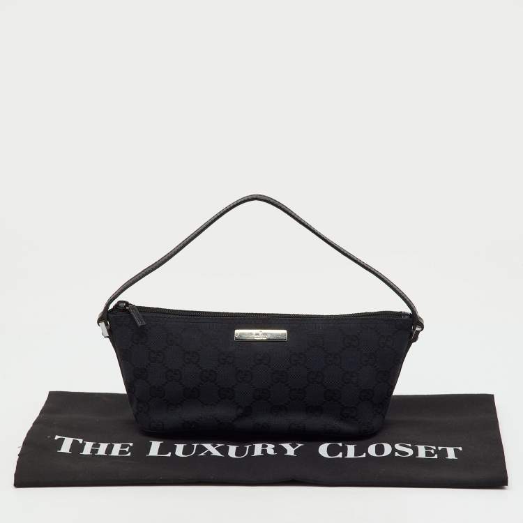 Pre Owned Gucci Navy Blue/Black GG Canvas and Leather Boat Pochette Bag