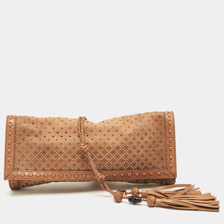 Pre Owned Gucci Brown Perforated Leather Malika Studded Clutch