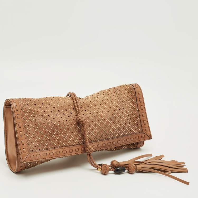 Pre Owned Gucci Brown Perforated Leather Malika Studded Clutch