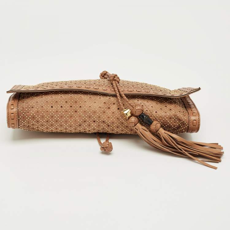 Pre Owned Gucci Brown Perforated Leather Malika Studded Clutch