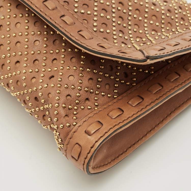 Pre Owned Gucci Brown Perforated Leather Malika Studded Clutch