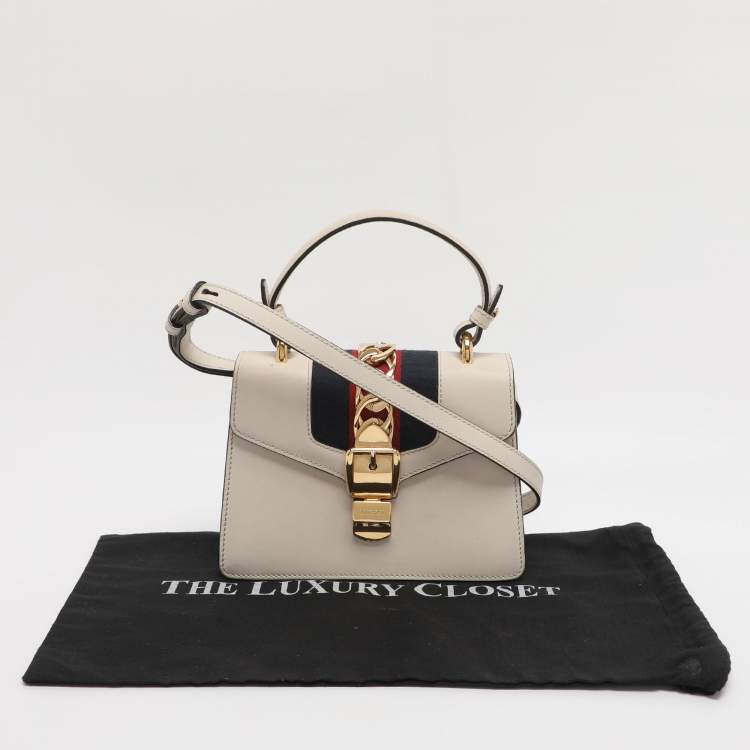 Pre Owned Gucci White Leather Mini Web Sylvie Top Handle Bag