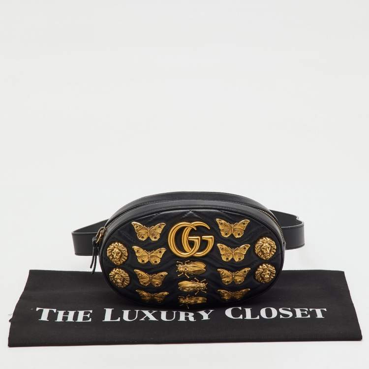 Pre Owned Gucci Black Leather Animal Studs GG Marmont Belt Bag