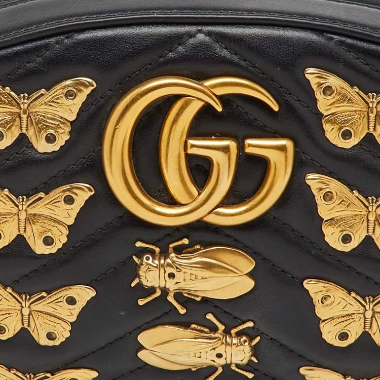 Pre Owned Gucci Black Leather Animal Studs GG Marmont Belt Bag