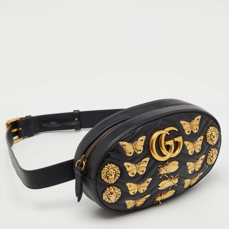 Pre Owned Gucci Black Leather Animal Studs GG Marmont Belt Bag