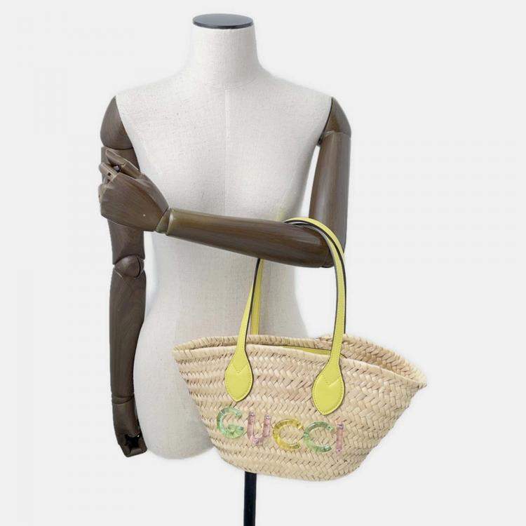 Pre Owned Gucci Logo Basket Bag Yellow/Natural Straw Leather