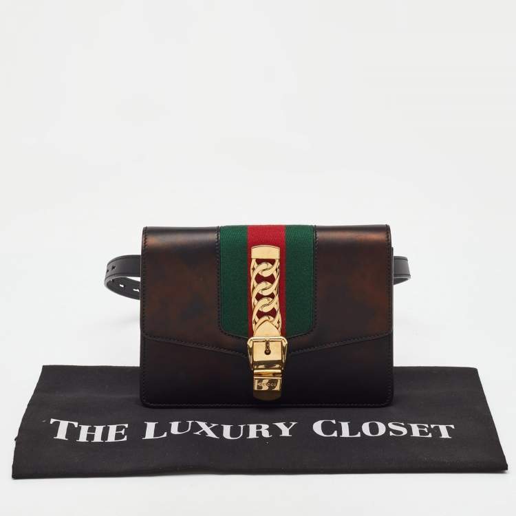 Pre Owned Gucci Black Leather Web Chain Sylvie Belt Bag