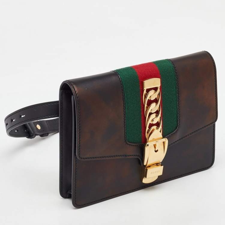 Pre Owned Gucci Black Leather Web Chain Sylvie Belt Bag