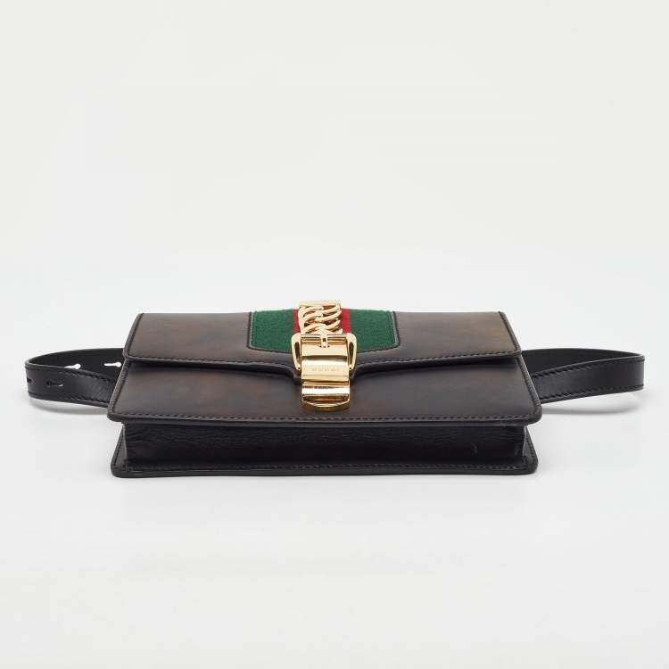 Pre Owned Gucci Black Leather Web Chain Sylvie Belt Bag