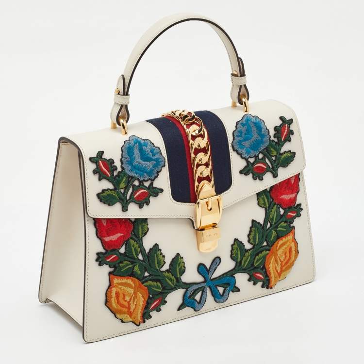 Pre Owned Gucci White Leather Floral Embroidered Medium Sylvie Top Handle Bag