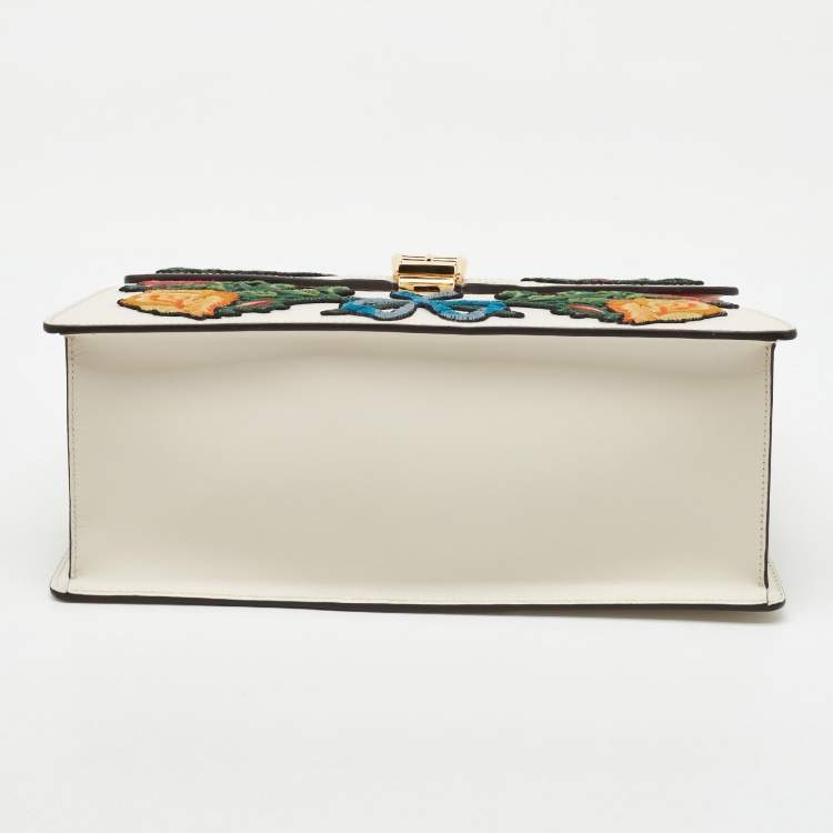 Pre Owned Gucci White Leather Floral Embroidered Medium Sylvie Top Handle Bag