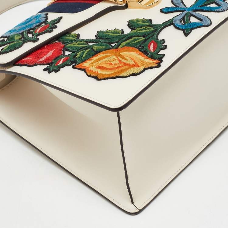 Pre Owned Gucci White Leather Floral Embroidered Medium Sylvie Top Handle Bag