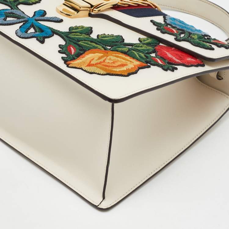 Pre Owned Gucci White Leather Floral Embroidered Medium Sylvie Top Handle Bag