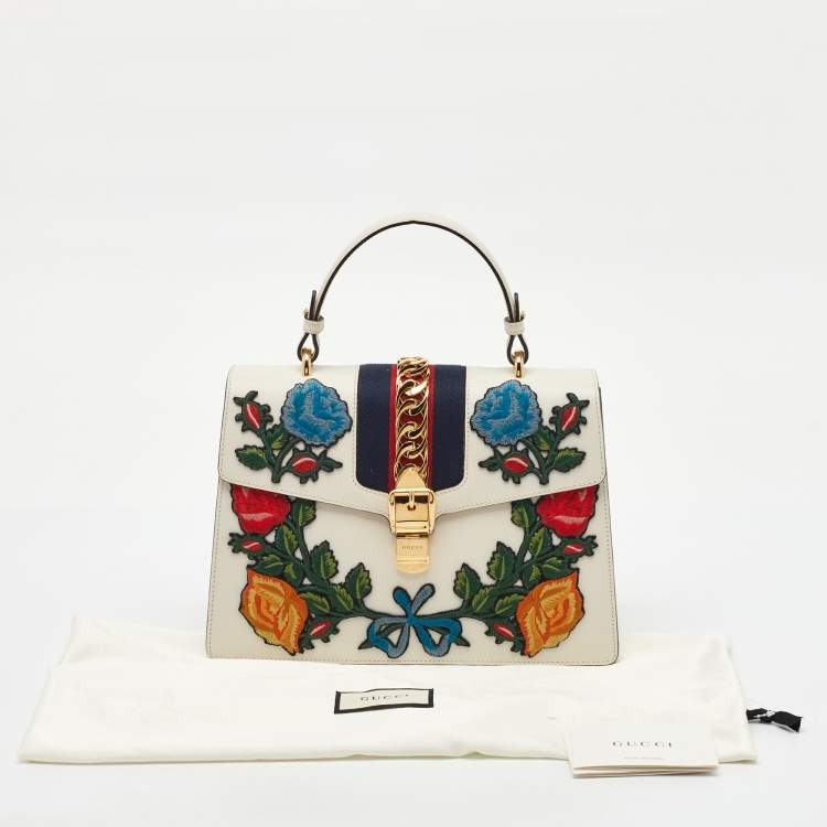 Pre Owned Gucci White Leather Floral Embroidered Medium Sylvie Top Handle Bag