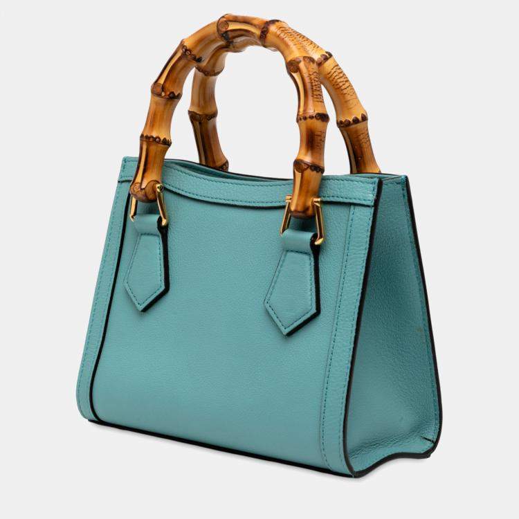 Pre Owned Gucci Blue Mini Calfskin Bamboo Diana Satchel