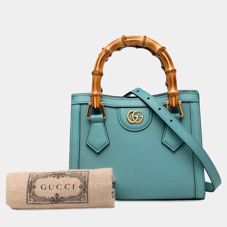 Pre Owned Gucci Blue Mini Calfskin Bamboo Diana Satchel