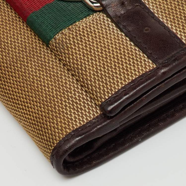 Pre Owned Gucci Beige/Brown Canvas and Leather Web GG Reins Compact Wallet