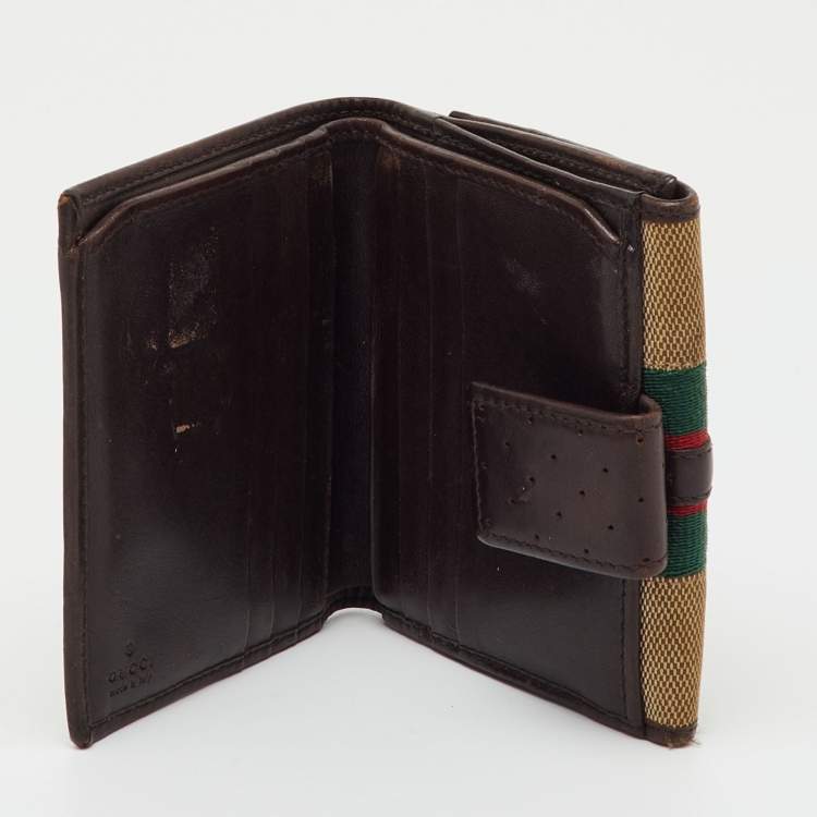 Pre Owned Gucci Beige/Brown Canvas and Leather Web GG Reins Compact Wallet