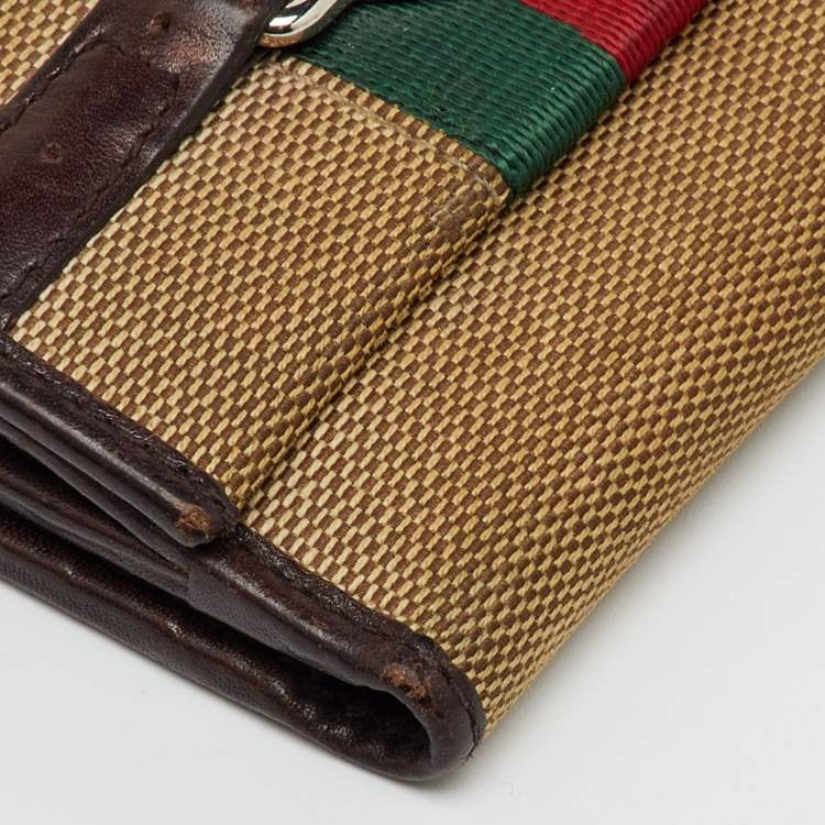 Pre Owned Gucci Beige/Brown Canvas and Leather Web GG Reins Compact Wallet