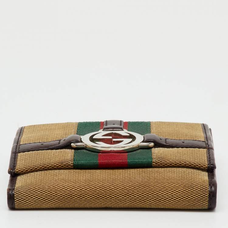 Pre Owned Gucci Beige/Brown Canvas and Leather Web GG Reins Compact Wallet