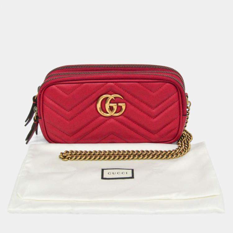 Pre Owned Gucci GG Marmont Leather Shoulder Bag Red Color