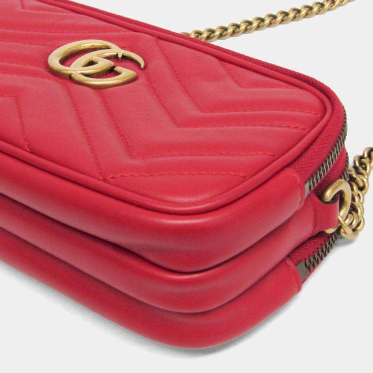 Pre Owned Gucci GG Marmont Leather Shoulder Bag Red Color