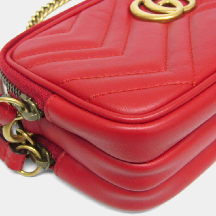 Pre Owned Gucci GG Marmont Leather Shoulder Bag Red Color